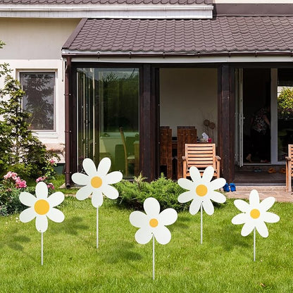 5 Pcs Metal Spring Yard Decorations Outdoor Daisy Flowers Yard Signs with Stakes Cute White Daisy Decorative Lawn Signs for Indoor Outdoor Garden Pathway Walkway Spring Holiday Party Decor