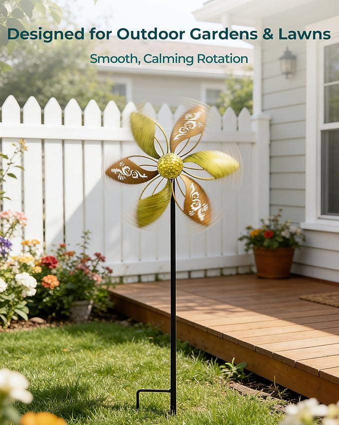 2 Pack 37" Metal Wind Spinners for Yard & Garden, 10" Kinetic Outdoor Garden Spinners, Rust-Resistant Decorative Yard Art (Gold Ornate Laser-Cut Floral)