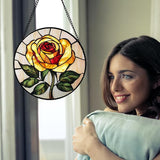 Stained Glass Window Hanging - Elegant Yellow Rose Flower Sun Catcher for Door Garden Home Decor Suncatcher Christmas Mother's Day Birthday Gifts for Women Mom Girl Nana Friend 9.8 in