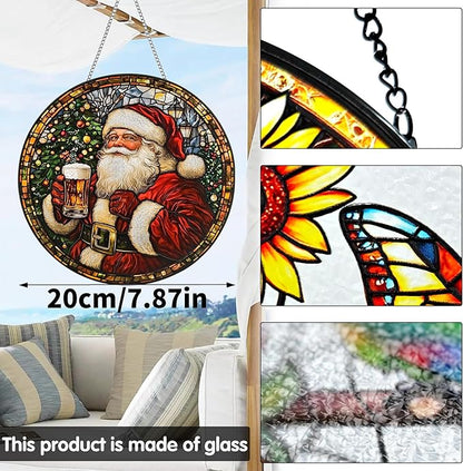 VAIIEYO Christmas Sun Catcher Stained Glass Window Hanging Ornament, Handmade Sun Catcher Santa Claus Decoration with Hooks for Window Garden Home, Christmas & Birthday Housewarming Gift (7.8 inch)