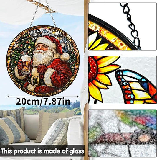 VAIIEYO Christmas Sun Catcher Stained Glass Window Hanging Ornament, Handmade Sun Catcher Santa Claus Decoration with Hooks for Window Garden Home, Christmas & Birthday Housewarming Gift (7.8 inch)