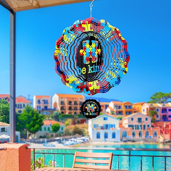 Hanging Wind Spinners Outdoor - Autism Metal 3D Wind Spinner 12 Inch Kinetic Spinning Decor for Patio Lawn Garden Indoor Balcony Stainless Steel Ornaments Art Gifts for Women Men Friends
