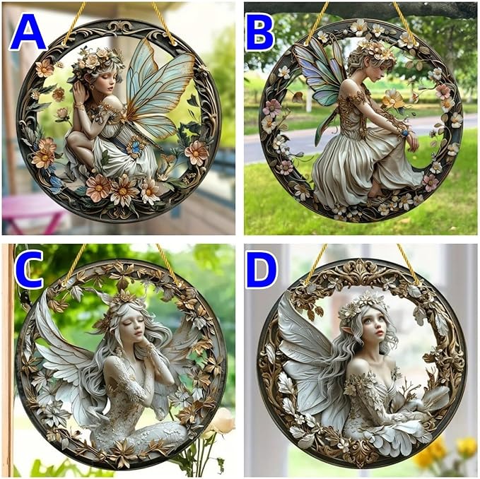 Flower Fairy Garden Decorations Angel Wing Christmas Halloween Deco Statue Art Elf Sculpture Hanging Craft for Outdoor Yard Courtyard Lawn Patio Window Acrylic Ornament Home Gift (A,L: 8*8 IN)