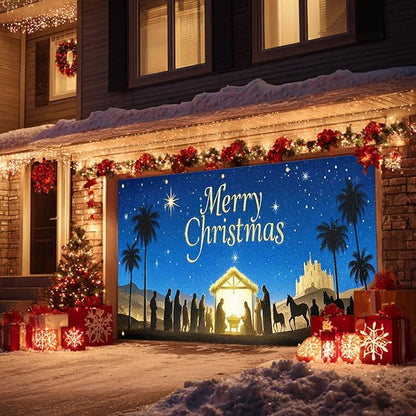 HOMETITUTE Christmas Garage Door Banner 13x6ft Nativity Scene Theme Backdrop Holiday Seasonal Decor Winter Door Cover Banners for Outside Garage Wall Covering for Party Garage Decorations