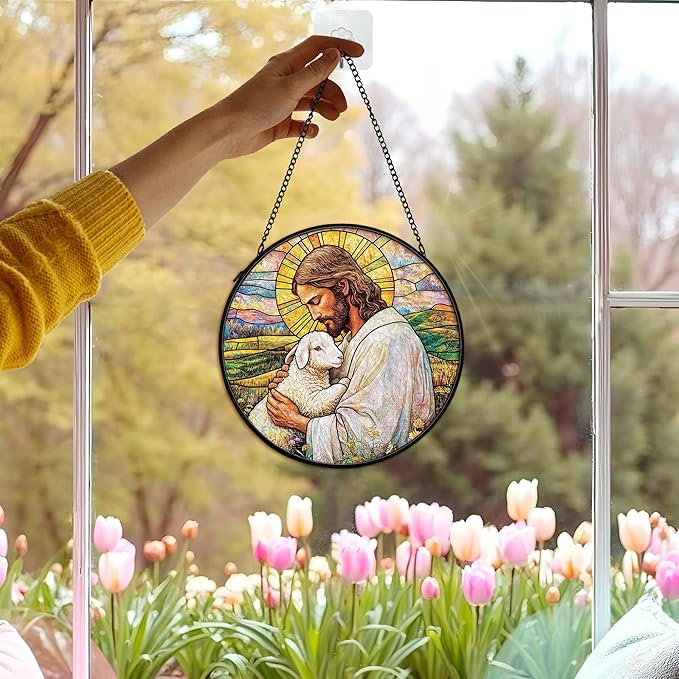 Christian Easter Jesus Lamb Suncatcher Stained Glass Window Hanging Wall Decor, Christian Easter Gifts for Women, the Lord is My Shepherd Sun Catchers Garden Lawn Window Hanging Art, 7.9x7.9In