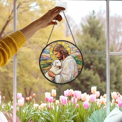 Christian Easter Jesus Lamb Suncatcher Stained Glass Window Hanging Wall Decor, Christian Easter Gifts for Women, the Lord is My Shepherd Sun Catchers Garden Lawn Window Hanging Art, 7.9x7.9In