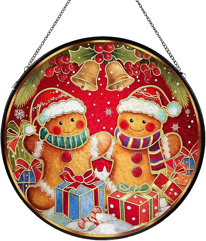 Christmas Decorations Stained Glass Window Hanging, Gingerbread Candy Cane Christmas Suncatcher for Window Hanging, Suncatchers Indoor Windows Wall Art for Mom Grandma, for Home Office 7.87 inches