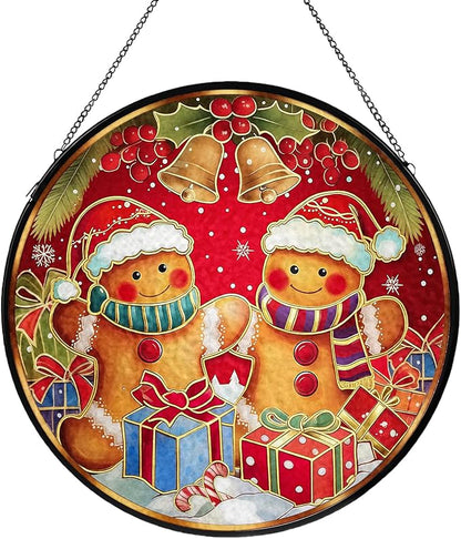 Christmas Decorations Stained Glass Window Hanging, Gingerbread Candy Cane Christmas Suncatcher for Window Hanging, Suncatchers Indoor Windows Wall Art for Mom Grandma, for Home Office 7.87 inches