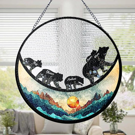 NAZENTI Personalized Bear Family Stained Glass Window Hanging Gifts for Mothers Day, Birthday, Christmas, Custom Stained Glass for Mom, Grandma, Family from Grandkids, Home Decor