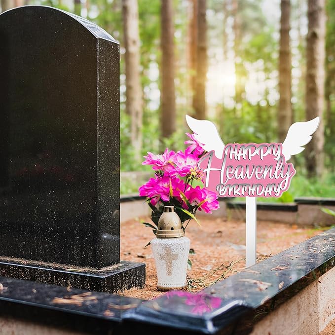 AceOrbit 13.8 X 7.9 Inches Large Happy Birthday in Heaven Decorations Cemetery Decorations for Grave Metal Memorial Remembrance Stake, Grave Markers for Human Cemetery Garden Yard Site Outdoor (Pink)