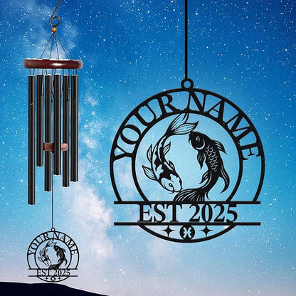 Personalized Customize Name 12 Zodiac Signs Wind Chime, Metal Iron 37 Inch Outdoor Memorial Gift for Garden Yard Patio Home Decor, Black (Pisces)