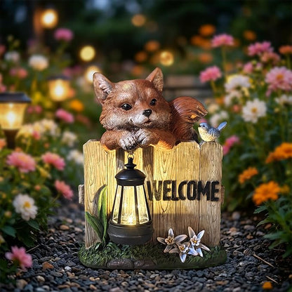 Garden Fox Welcome Sign with Solar LED Lantern, Outdoor Decorative Statue with Bird and Flowers for Porch, Patio or Garden