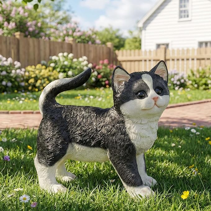 Real Black Tabby Garden Statue - Resin Realistic Cat Sculpture, Pet Loss Memorial Stone, for Cat Lovers, Indoor/Outdoor Decor, Animal Figurine for Yard Ornaments