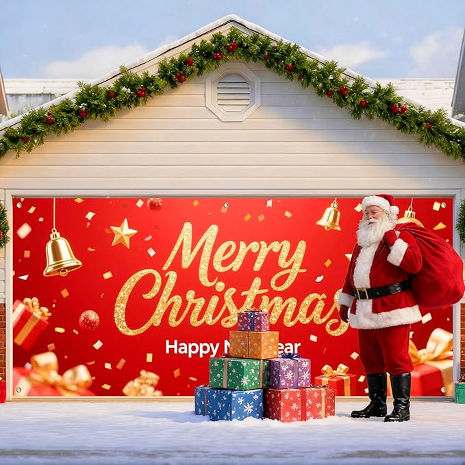 IVN Christmas Garage Door Cover Decoration 13x6ft Sparkling Gold Lettering Confetti Bells and Gifts Merry Christmas Winter Garage Door Banner Home Door Front Yard Decor for Xmas Eve Holiday Outdoor