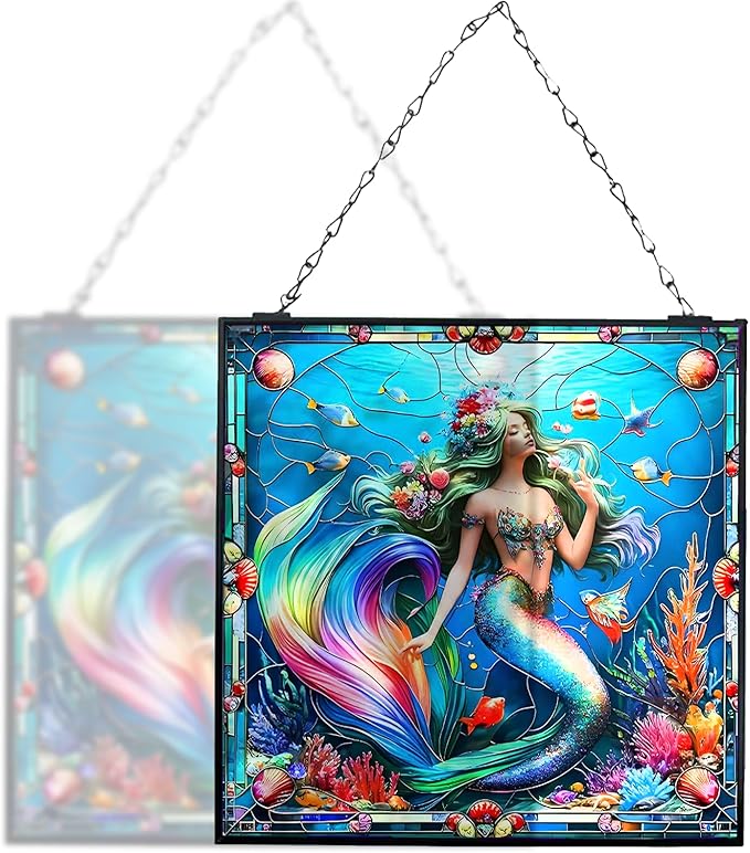 Mermaid Stained Glass Window Hanging Sun Catcher Halloween Haning Ornament Decoration Christmas Birthday Gifts for Lover and Mother's Day 20cm/7.87inch