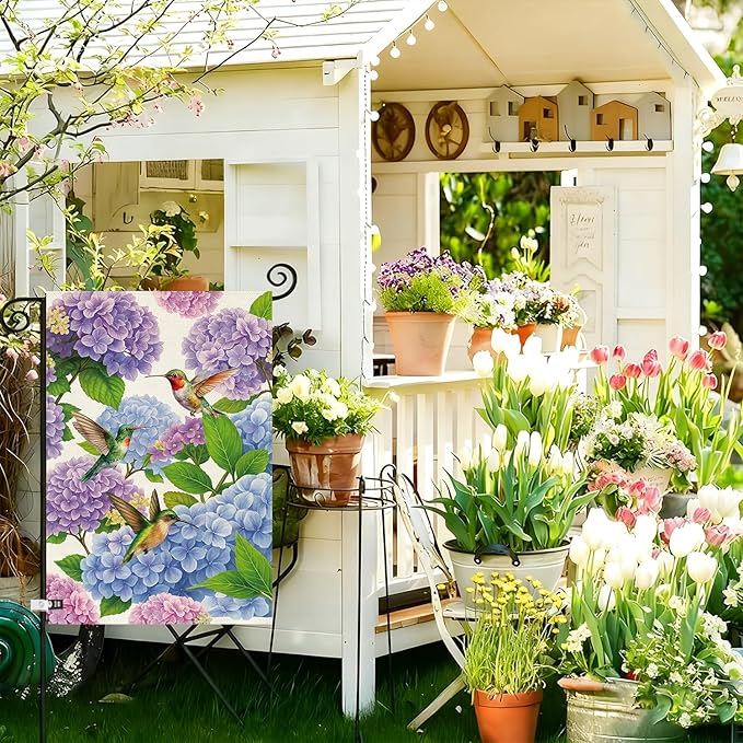 Baccessor Spring Summer Hydrangea Garden Flag 12.5 x 18 Inch Double Sided Burlap Flower Green Leaf Farmhouse Small Yard Flag Summer Holiday Seasonal Outdoor Outside Decoration
