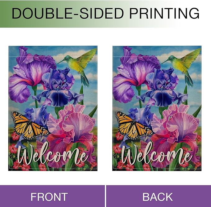 Hzppyz Welcome Spring Hummingbird Iris Garden Flag Double Sided, Purple Flower Bird Yellow Butterfly Decorative House Yard Outdoor Small Decor, Summer Floral Arrangement Home Outside Decoration 28x40