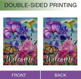 Hzppyz Welcome Spring Hummingbird Iris Garden Flag Double Sided, Purple Flower Bird Yellow Butterfly Decorative House Yard Outdoor Small Decor, Summer Floral Arrangement Home Outside Decoration 28x40