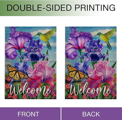 Hzppyz Welcome Spring Hummingbird Iris Garden Flag Double Sided, Purple Flower Bird Yellow Butterfly Decorative House Yard Outdoor Small Decor, Summer Floral Arrangement Home Outside Decoration 28x40