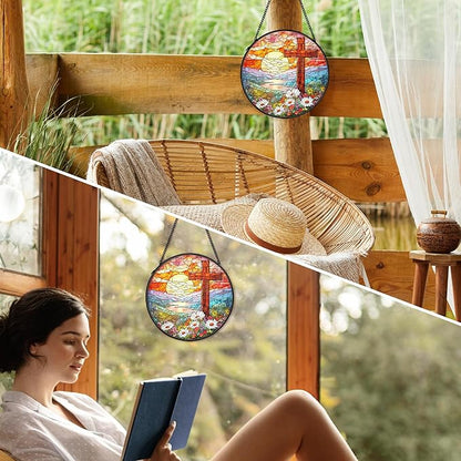Christian Suncatcher Stained Glass Cross Window Hanging Decor, Christmas Religious Gifts for Women, Easter Landscape Sunrise Mountain Cross Garden Lawn Sun Catchers for Window Hanging,7.9x7.9In