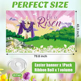 Large He is Risen Easter Banner Decorations Flag Outdoor 72x44 Inch, Cross Sign Christian Jesus Lily Flowers Banner for Indoor Home House Decor Party Supplies, Spring Yard Sign Background for Photography