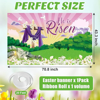 Large He is Risen Easter Banner Decorations Flag Outdoor 72x44 Inch, Cross Sign Christian Jesus Lily Flowers Banner for Indoor Home House Decor Party Supplies, Spring Yard Sign Background for Photography