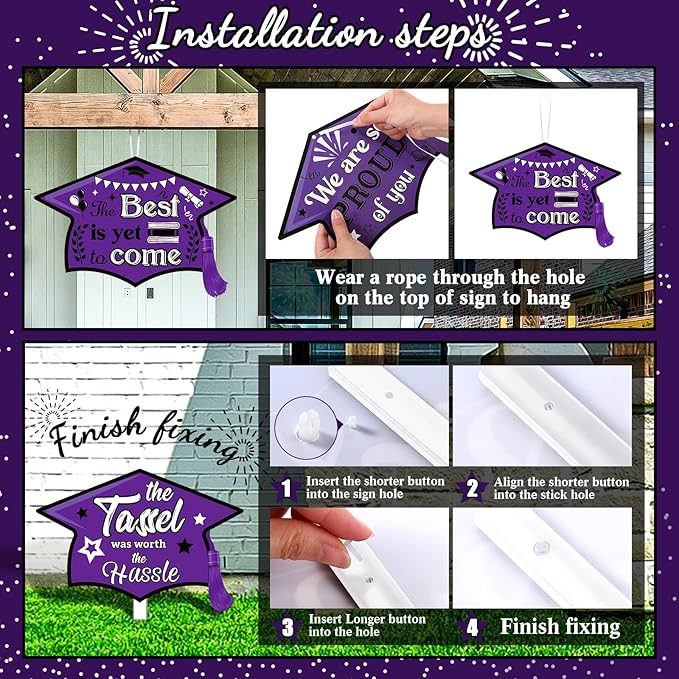 Chunful 12 Pack Graduation Yard Signs Grad Decoration 2026 Happy Graduate Lawn Garden Sign with Stake Congrats Outdoor Plastic Cap Hanging Ornament for Class Pathway Walkway Porch Party(Purple)