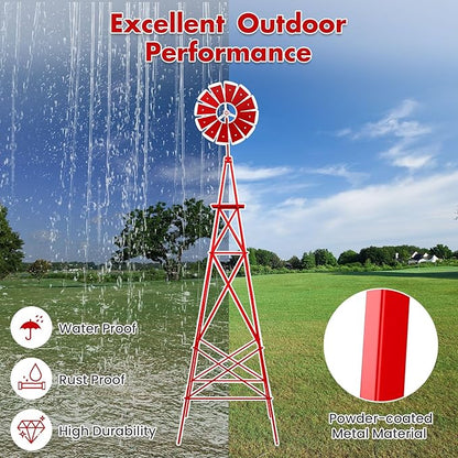 DREAMADE 8ft Steel Windmill, Farmhouse Windmill Decoration with Directional Vane, 4 Anchoring Stakes & Reinforced Base, Weather-Ready Garden Spinner for Backyard, Garden, Patios, Rural Areas (Red)