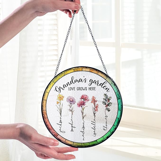 Personalized Grandma’s Garden Stained Glass Window Hanging Ornament, Custom Birth Month Flowers with Kids’ Names, Grandma Love Grows Here Floral Art Decoration, for Mom Grandma