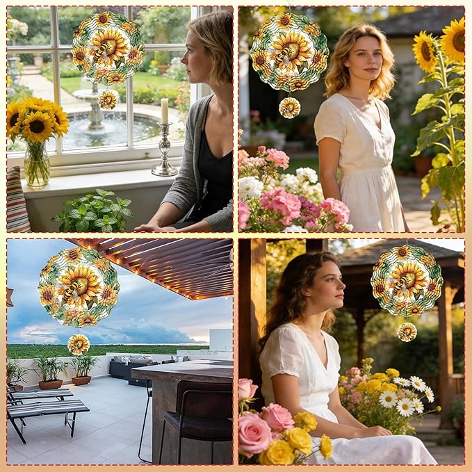 Rngmsi Wind Spinners Outdoor Garden Decor for Outside, 3D Metal Sunflower and Bee Wind Spinner Hanging Decor Kinetic Art for Yard, 12 in Stainless Steel Hanging Gifts for Women Housewarming