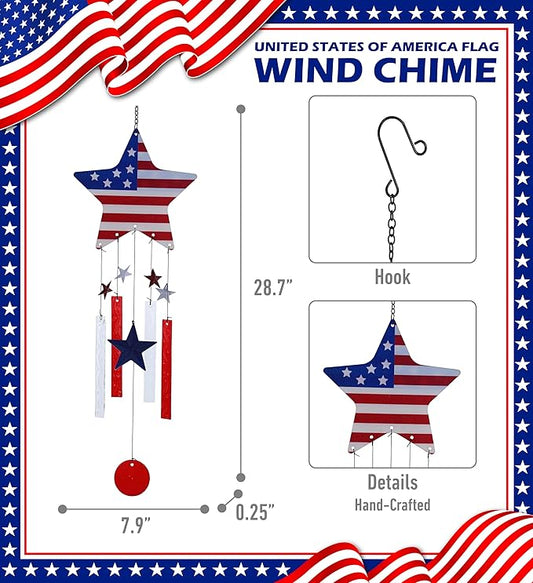 CoTa Global USA Flag Star Wind Chime - American Flag Patriotic Indoor or Outdoor Windchime Home Decor with Hanging Bells, Handcrafted Glass and Metal Wind Chimes for Yard, Garden, Porch - 28.7 Inches