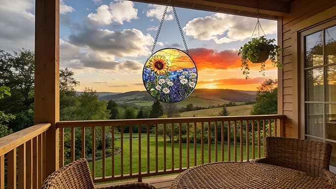 Stained Glass Window Hanging - Sunflowers, Daisies, Lavender and Sunset 6.3 Inches Suncatcher for Garden Home Decor for Women Mon Grandma Friends