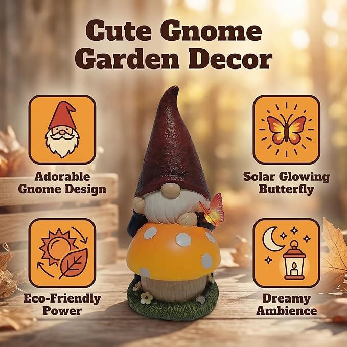 Solar Garden Gnome with mushroom for Garden Decor: IP44 Weatherproof Resin with Automatic Lighting - No Installation- Outdoor Yard Patio Balcony Art - Birthday Gifts for Bird Lovers Mom Grandma Women
