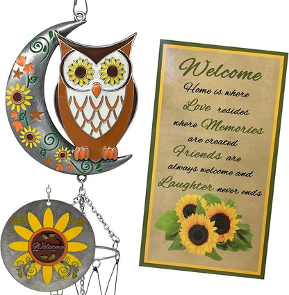 Owl Wind Chimes Set of 2 with Sunflower Welcome Medallion – Enameled Owl Hanging Décor with Stars, Leaves & Moon – Outdoor Garden Patio Porch Decor – 24" Hanging Length Gift for Home