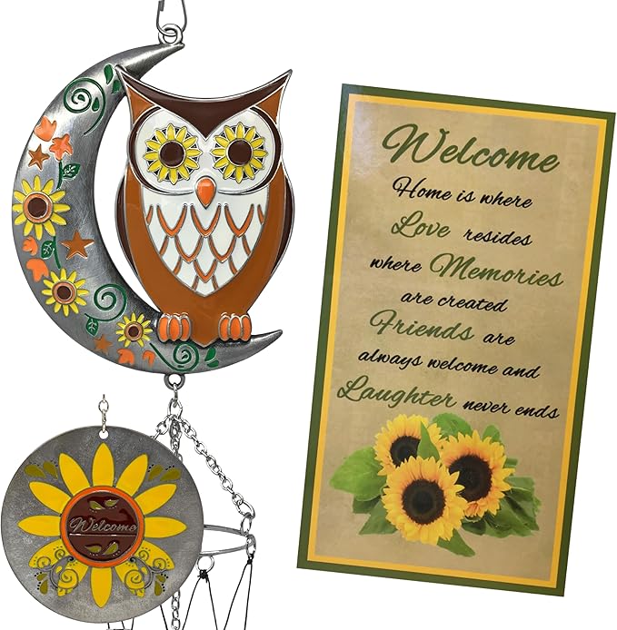 Owl Wind Chimes with Sunflower Welcome Medallion – Decorative Outdoor Hanging Windchime – Enameled Owl with Stars, Leaves & Moon – Garden Porch Patio Décor – 24" Hanging Length