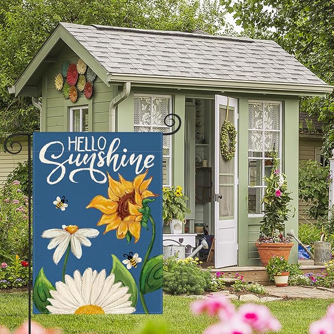 AVOIN colorlife Daisy Sunflower Hello Sunshine Garden Flag 12x18 Inch Double Sided, Summer Seasonal Holiday Burlap Yard Outdoor Decoration Blue