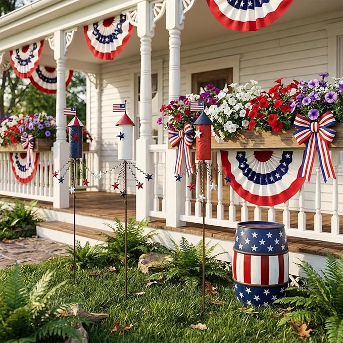 3 Pack Patriotic 4th of July Decorations Outdoor,23.6” Metal Americana Firework Decorative Garden Stakes for Independence Day Garden Decor, 3D Red White Blue Yard Signs for Lawn Porch