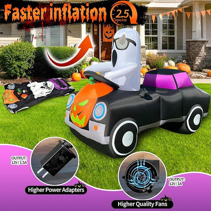 2025 Halloween Inflatables Monster Truck 8FT Long Ghost Driving a Pumpkin Car Inflatable Decor Outdoor with Build-in 12 Lights Car Blow Up Yard Decorations Cute Ghost Car BlowUp for Party Garden Lawn