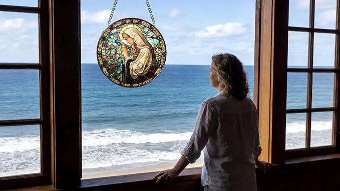 Funoasis Stained Glass Window Hanging 6.3 Inches Suncatcher - The Virgin Mary Prays in The Garden Ornaments Sun Catcher Home Decor Women Birthday