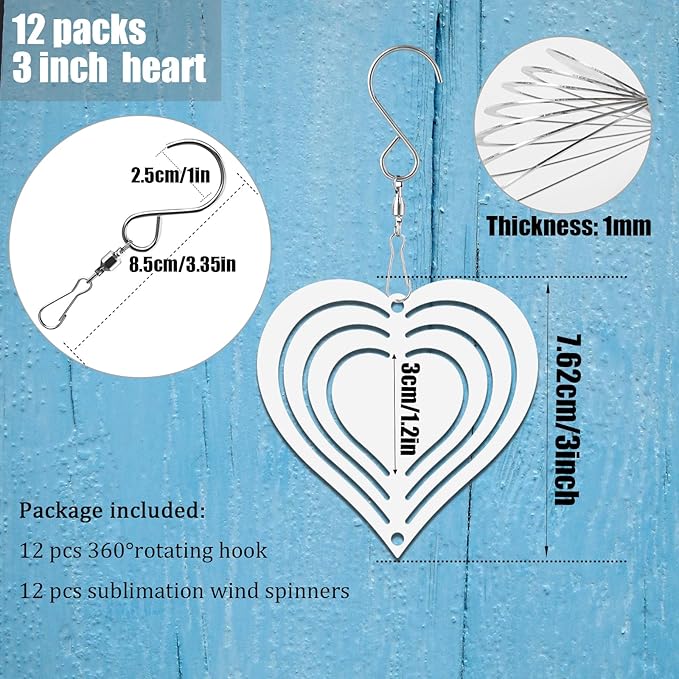 12 Pack 3inch Sublimation Wind Spinner Blanks 3D Aluminum Metal Wind Sculpture Kinetic Spinners for Yard Garden Indoor Art Ornaments Xmas Hanging Decoration (Heart)