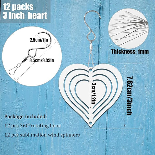 12 Pack 3inch Sublimation Wind Spinner Blanks 3D Aluminum Metal Wind Sculpture Kinetic Spinners for Yard Garden Indoor Art Ornaments Xmas Hanging Decoration (Heart)