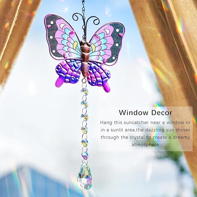 Set 2 Metal Butterfly Suncatchers for Windows - 14" Outdoor Fence Wall Art Decor, Rainbow Prisms Sun Catchers with Crystals Hanging for Home Garden Ornament for Christmas Tree