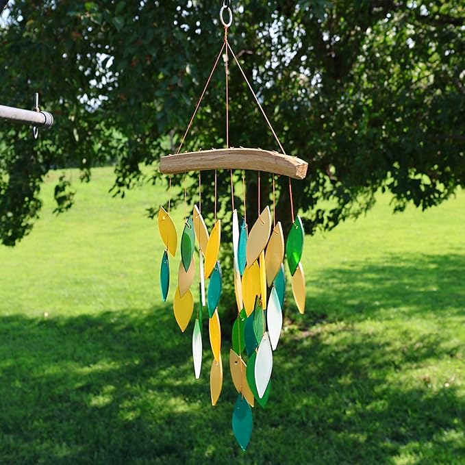 Blue Handworks Rainforest Waterfall Glass and Driftwood Chime, Sandblasted Glass and Found Wood Handcrafted Wind Chime