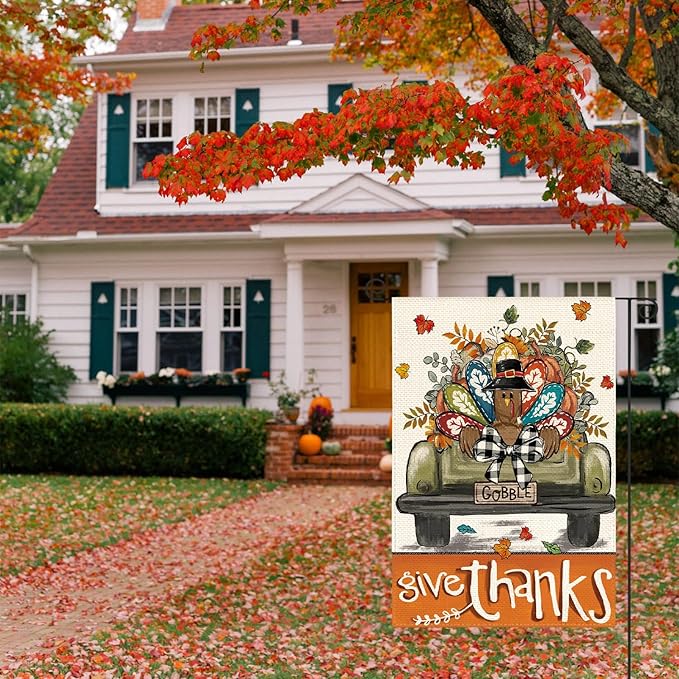 AVOIN colorlife Give Thanks Thanksgiving Garden Flag 12x18 Inch Double Sided Outside, Gobble Turkey Truck Rustic Yard Outdoor Flag