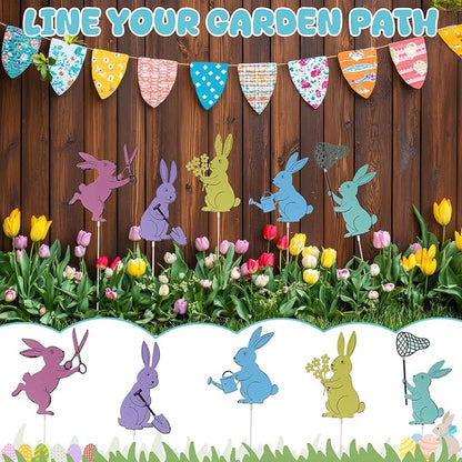 Leinuosen 5pcs Easter Bunny Garden Stakes 13 inch Metal Easter Yard Decor Colorful Finish Outdoor Garden Stakes Bunny Silhouette Set for Lawn Planter Flower Pot Pathway Spring Decoration(Colorful)