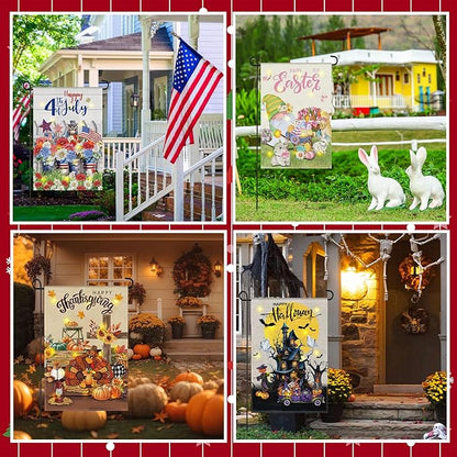 Breling Seasonal Garden Flags Set of 12 Double Sided 12 x 18 Inch Yard Flags with Solar Lights, Holiday Decorations for Outside, 4th of July, Spring, Summer