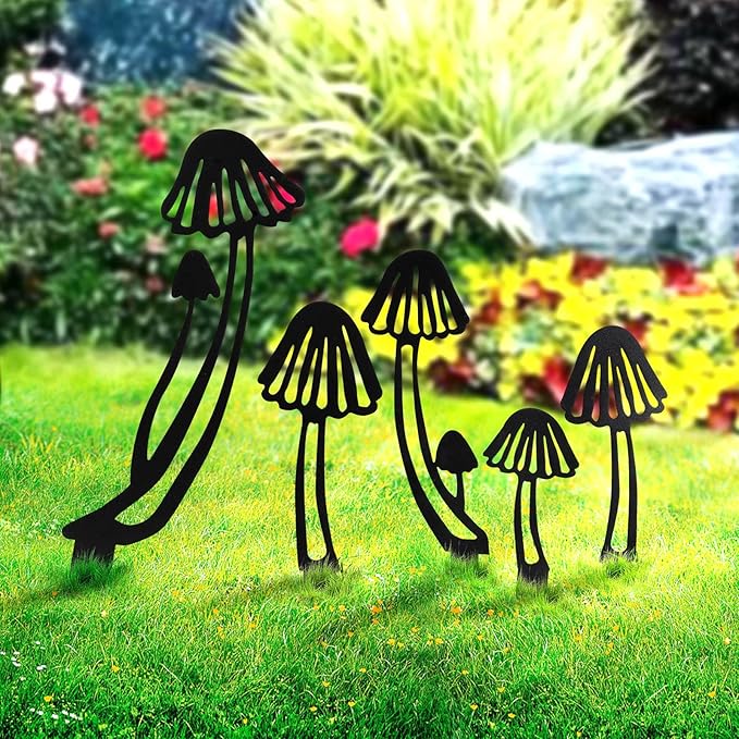 5PCS Metal Mushroom Yard Art - Garden Decorative Stake, Hollow Out Mushrooms Silhouette Statue Decor for Pathway, Floor, Garden, Lawn, Outdoor Decoration