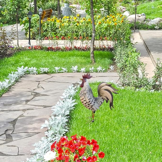 Rooster Garden Statue,12 in 2D Graphic Design Metal Rooster Decor Garden Statue with Stakes,Standing Small Metal Chicken Yard Decor Figurines,Patio Backyard Lawn Home Chicken Sculpture(Not 3D)