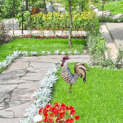 Rooster Garden Statue,12 in 2D Graphic Design Metal Rooster Decor Garden Statue with Stakes,Standing Small Metal Chicken Yard Decor Figurines,Patio Backyard Lawn Home Chicken Sculpture(Not 3D)