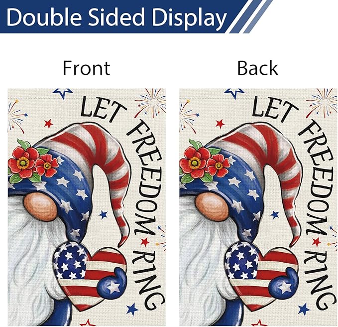 Heyfibro Let Freedom Ring Gnome Patriotic Garden Flag 12x18 Double Sided Burlap, 4th Of July Fireworks Red Flower Heart Pattern Yard Flags for Rustic Independence Day Outdoor Decor (ONLY FLAG)